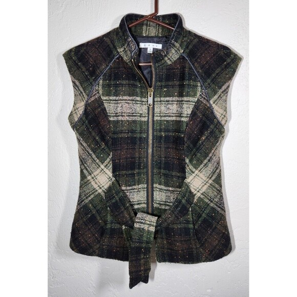 EUC CAbi Womens Size S Tweed Vest Zip Front All Tied Up Wool Blend Green Plaid - Picture 3 of 8